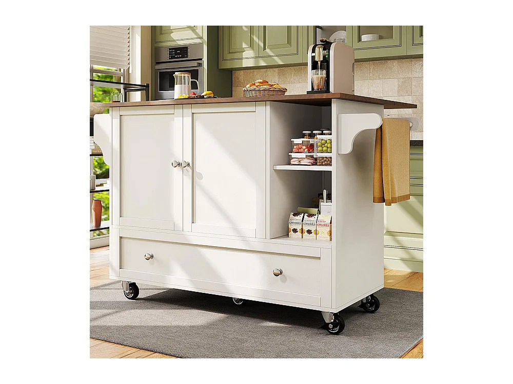 Chariot cuisine repas amovible rangements ouverts porte-serviettes étagère à épices plateau bois blanc