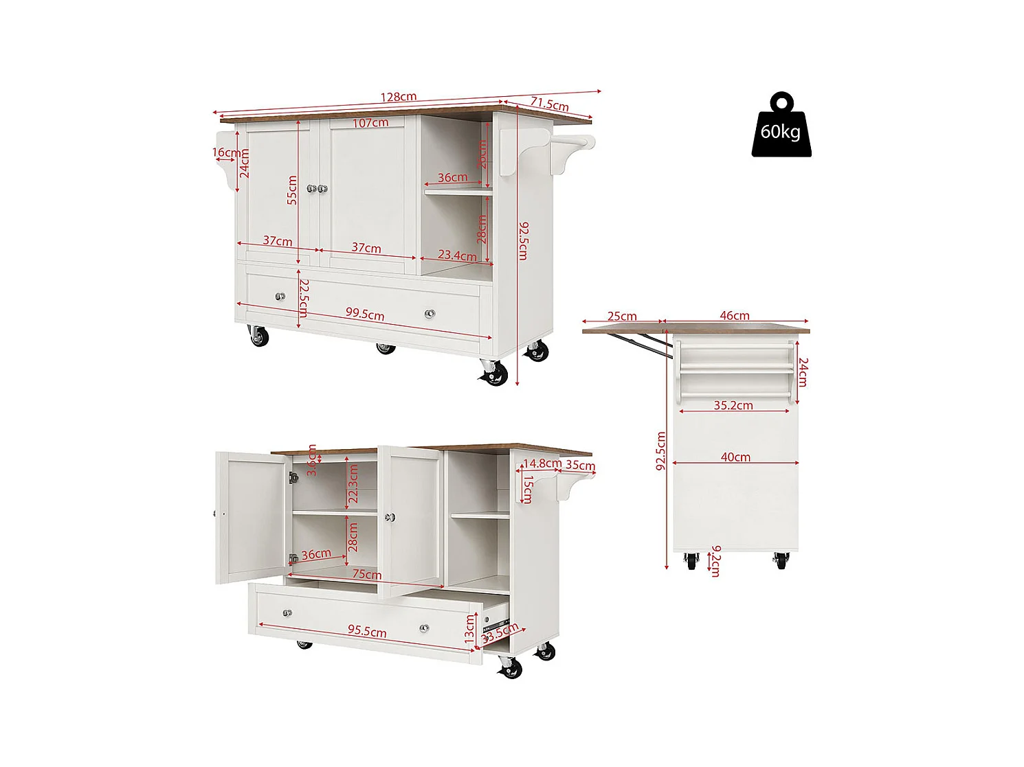 Chariot cuisine repas amovible rangements ouverts porte-serviettes étagère à épices plateau bois blanc