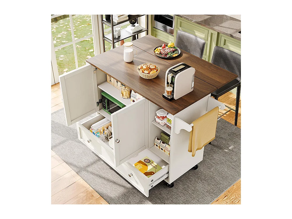 Chariot cuisine repas amovible rangements ouverts porte-serviettes étagère à épices plateau bois blanc