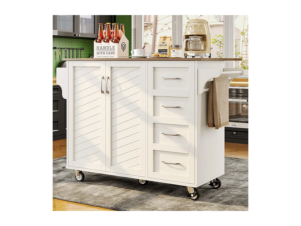 Chariot cuisine portes rayures diagonales amovible porte-serviettes étagère à épices plateau bois blanc