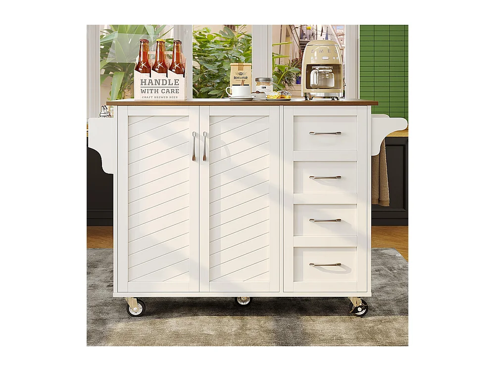 Chariot cuisine portes rayures diagonales amovible porte-serviettes étagère à épices plateau bois blanc