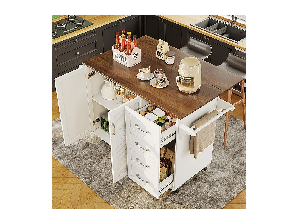 Chariot cuisine portes rayures diagonales amovible porte-serviettes étagère à épices plateau bois blanc