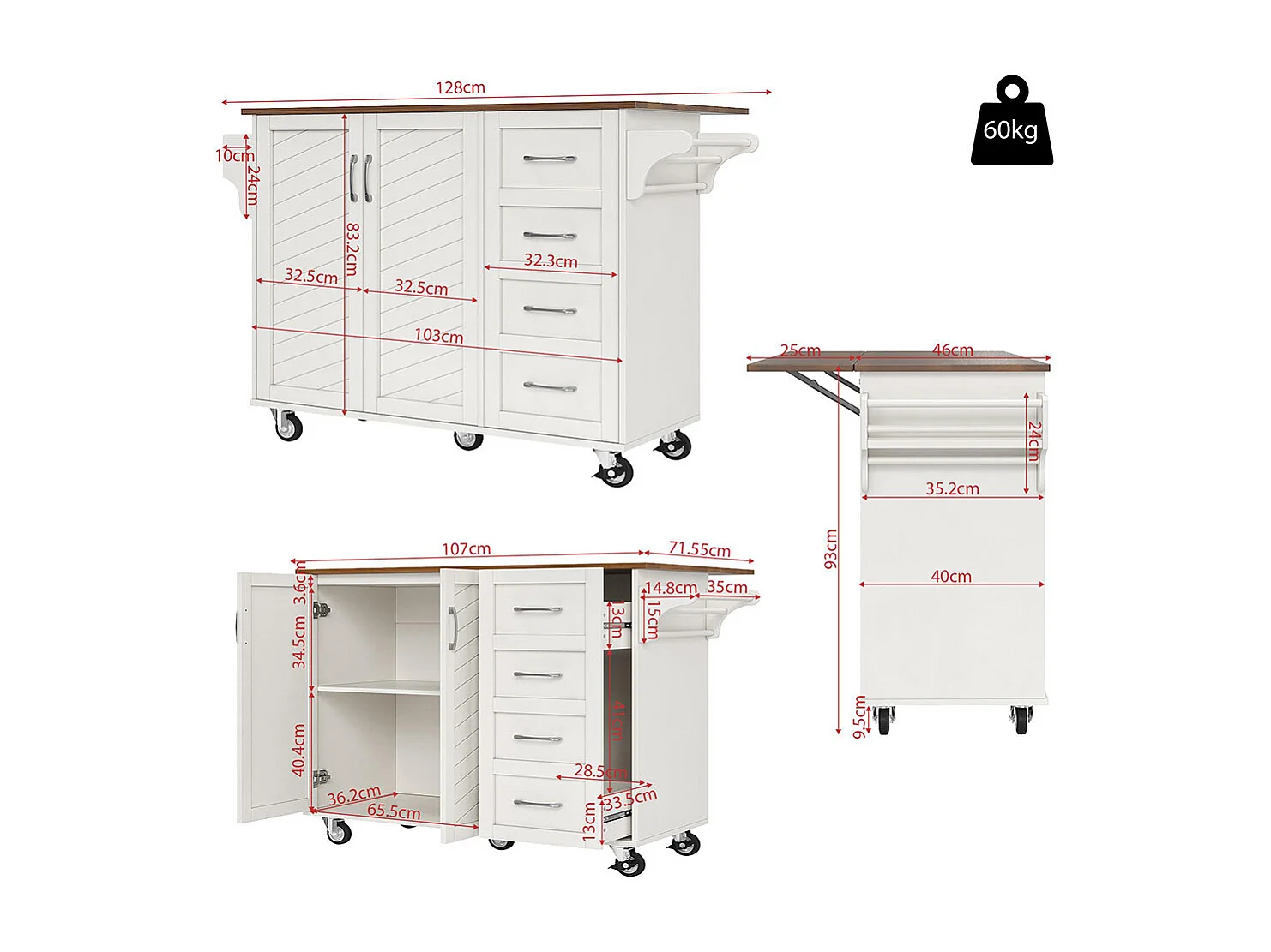 Chariot cuisine portes rayures diagonales amovible porte-serviettes étagère à épices plateau bois blanc