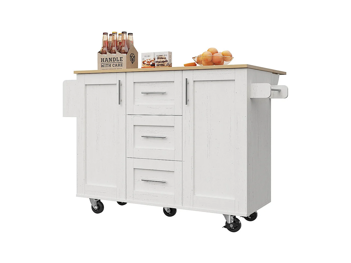 Chariot de service cuisine cloisons amovibles roulettes plan de travail buffet chariot plateau bois porte-serviettes blanc
