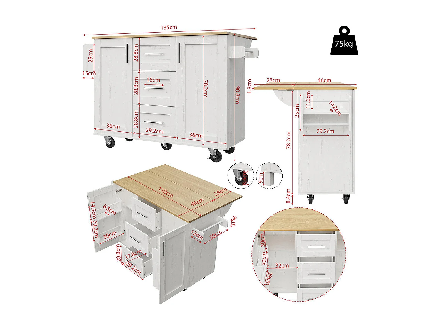 Chariot de service cuisine cloisons amovibles roulettes plan de travail buffet chariot plateau bois porte-serviettes blanc