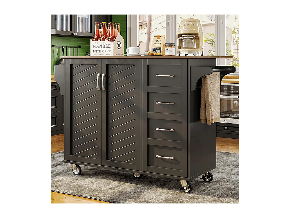 Chariot cuisine portes rayures diagonales amovible porte-serviettes étagère à épices plateau bois noir