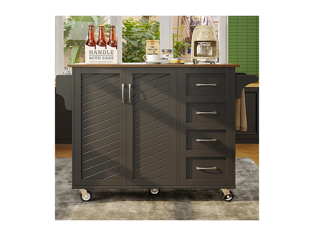 Chariot cuisine portes rayures diagonales amovible porte-serviettes étagère à épices plateau bois noir