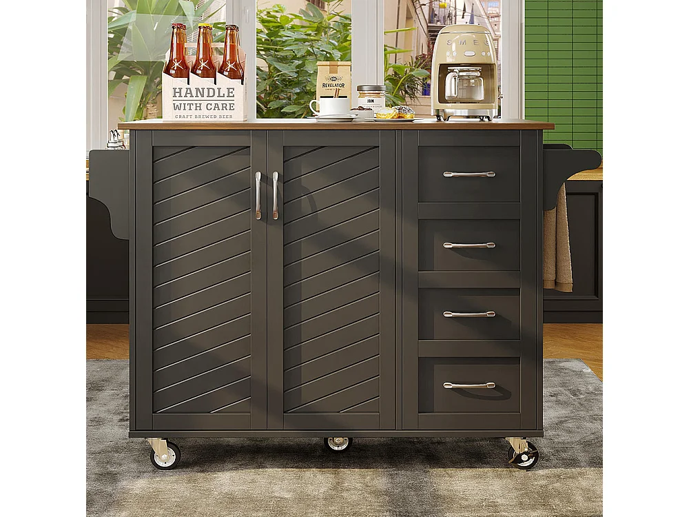 Chariot cuisine portes rayures diagonales amovible porte-serviettes étagère à épices plateau bois noir