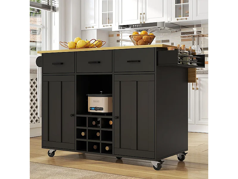 Chariot de service cuisine amovible plan de travail porte-serviettes étagère à épices plateau bois noir