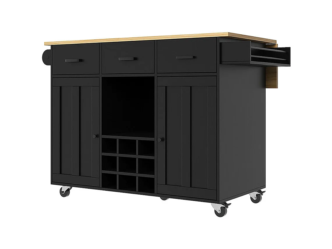 Chariot de service cuisine amovible plan de travail porte-serviettes étagère à épices plateau bois noir