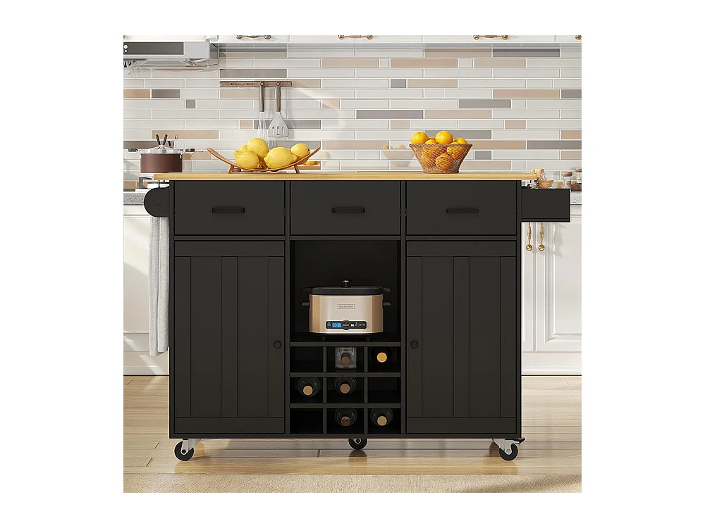 Chariot de service cuisine amovible plan de travail porte-serviettes étagère à épices plateau bois noir