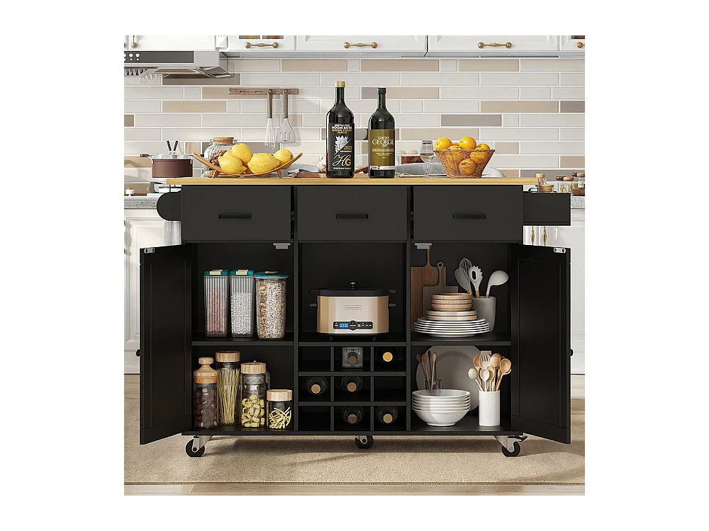 Chariot de service cuisine amovible plan de travail porte-serviettes étagère à épices plateau bois noir