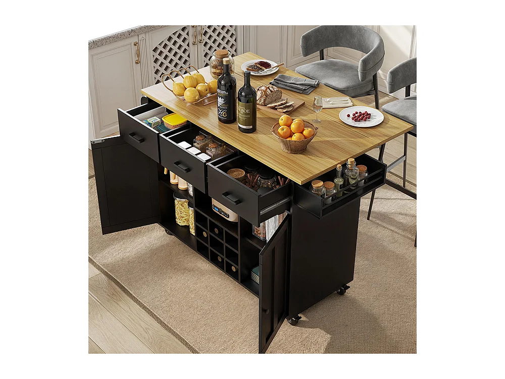Chariot de service cuisine amovible plan de travail porte-serviettes étagère à épices plateau bois noir
