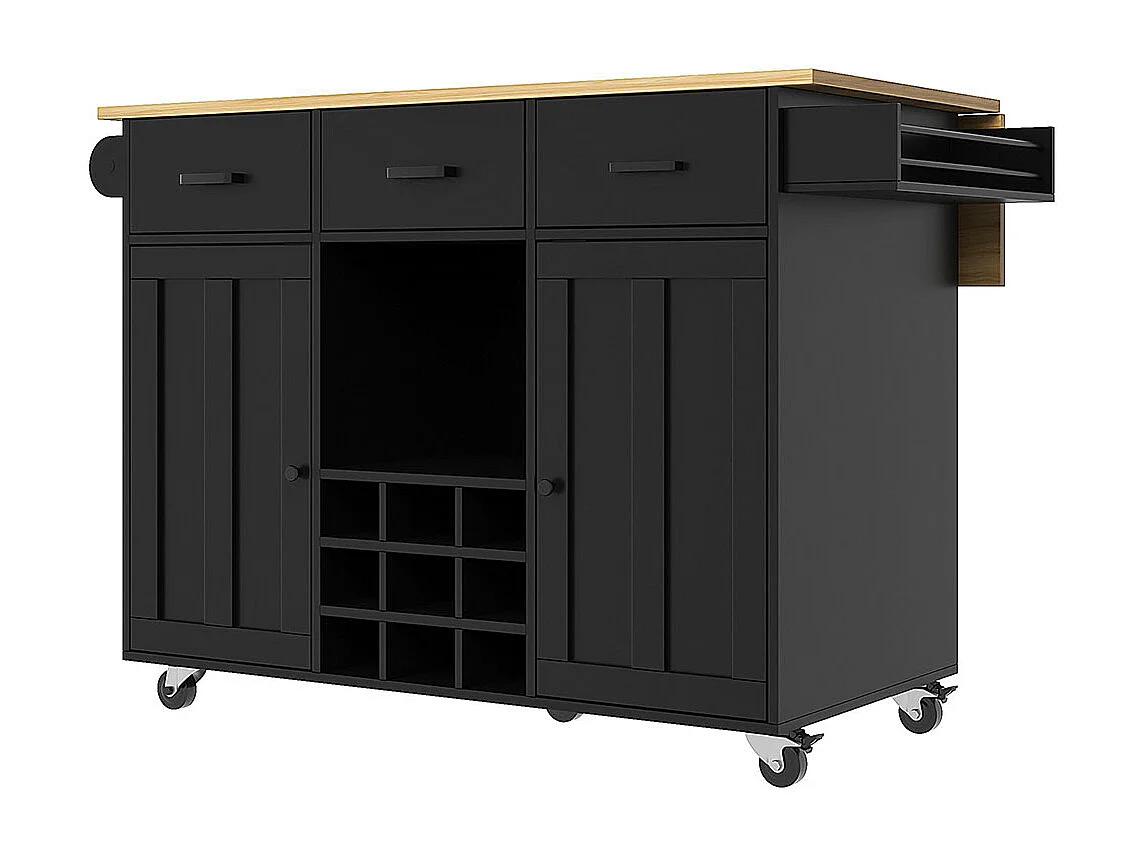 Chariot de service cuisine amovible plan de travail porte-serviettes étagère à épices plateau bois noir