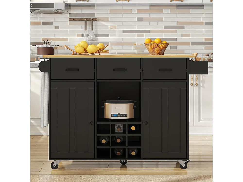Chariot de service cuisine amovible plan de travail porte-serviettes étagère à épices plateau bois noir
