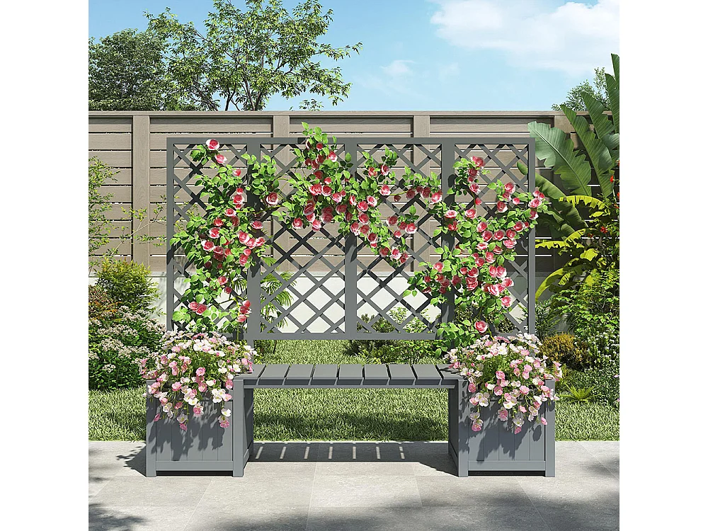 Bac à plantes avec treillis bois massif gris jardinière extérieure spacieuse siège intégré jardin cour terrasse