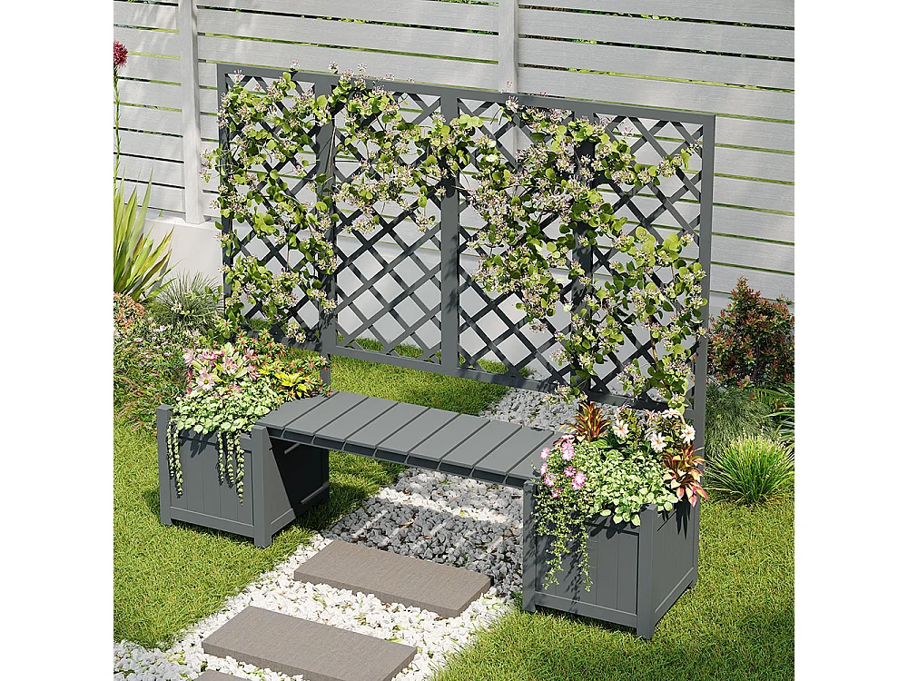 Bac à plantes avec treillis bois massif gris jardinière extérieure spacieuse siège intégré jardin cour terrasse