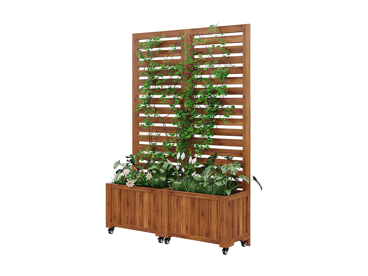 Jardinière extérieure avec treillis bois massif brun bac à plantes roues pliables pour jardin cour terrasse