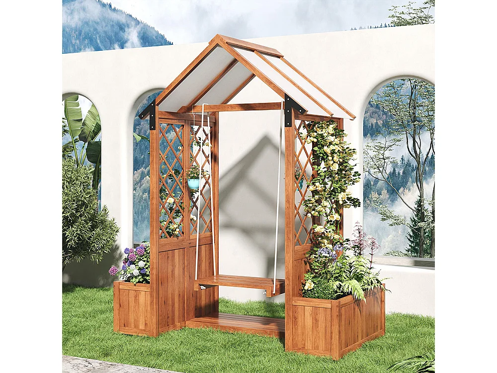 Bac à fleurs balançoire extérieur avec treillis et toit pare-soleil polycarbonate bois massif brun jardin terrasse