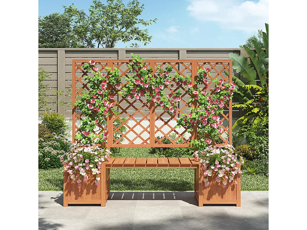 Bac à fleurs extérieur avec treillis bois sapin massif brun jardinière spacieuse siège intégré pour jardin terrasse