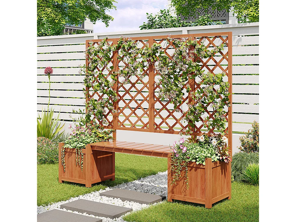 Bac à fleurs extérieur avec treillis bois sapin massif brun jardinière spacieuse siège intégré pour jardin terrasse