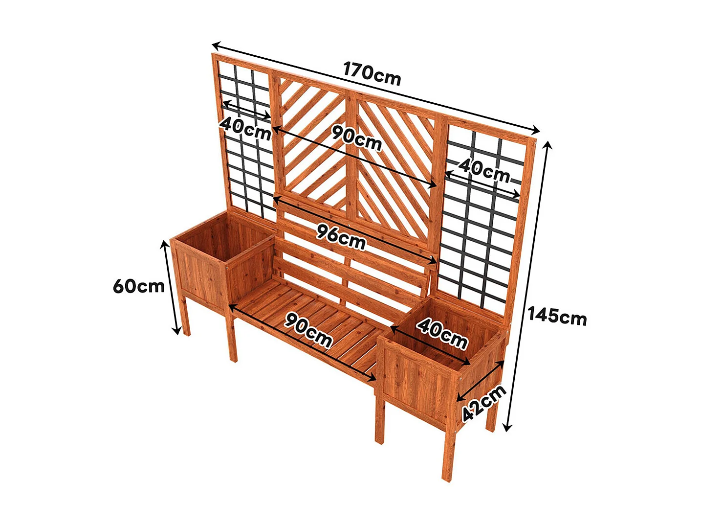 Bac à plantes avec treillis support croissance jardinière bois sapin massif marron siège intégré jardin terrasse