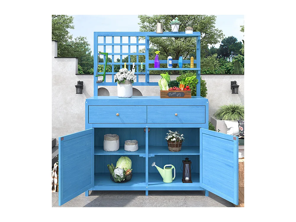 Armoire de jardin en bois avec étagères fixes pour rangement extérieur coffre d'exterieur couleur bleu marine