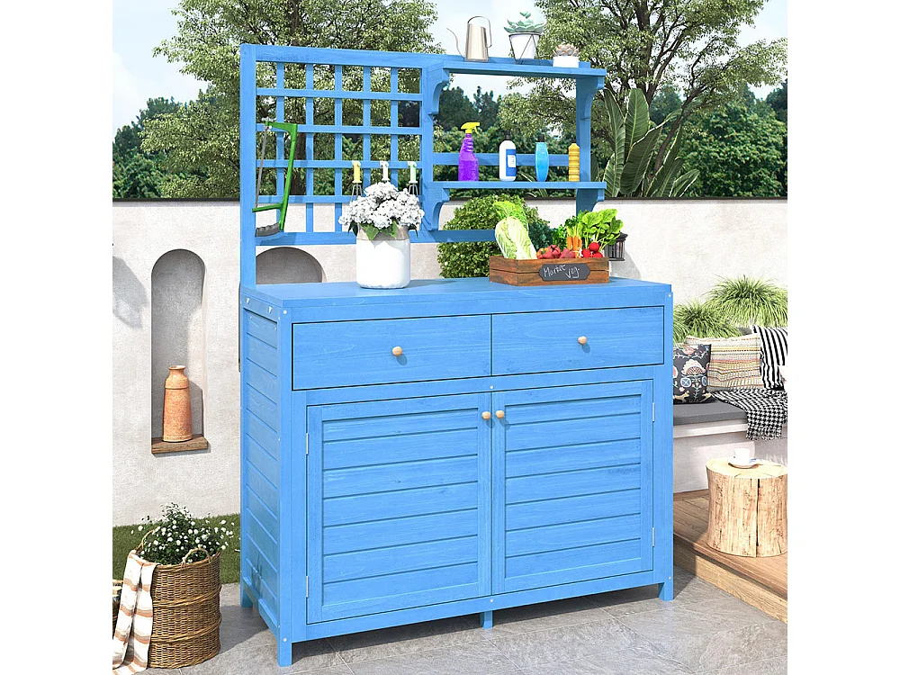 Armoire de jardin en bois avec étagères fixes pour rangement extérieur coffre d'exterieur couleur bleu marine