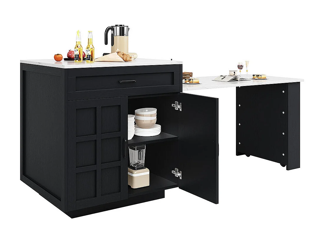Table de bar extensible 133-202cm avec rangement 2 tiroirs 4 compartiments îlot cuisine repas 2-6 personnes noir