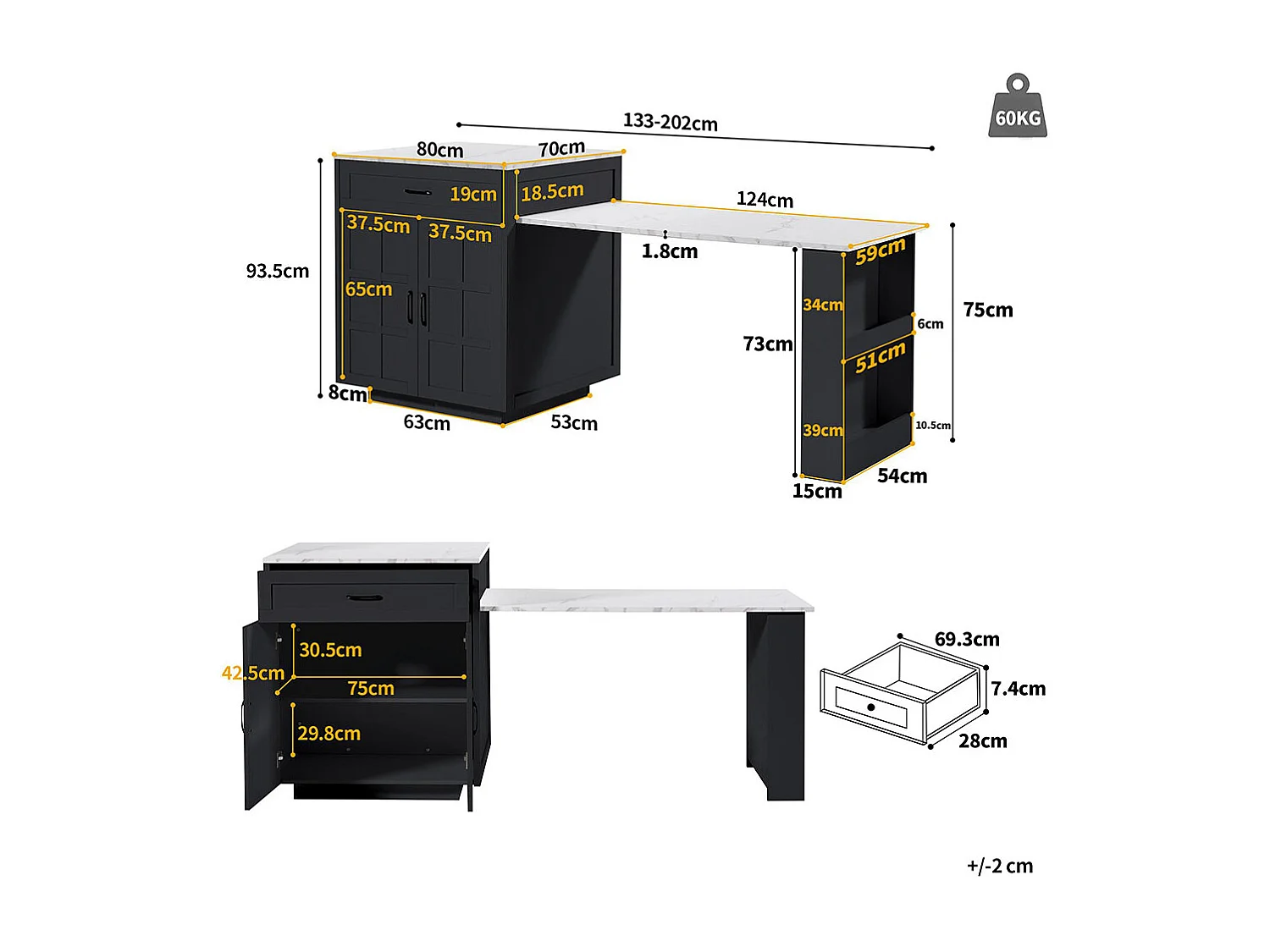 Table de bar extensible 133-202cm avec rangement 2 tiroirs 4 compartiments îlot cuisine repas 2-6 personnes noir