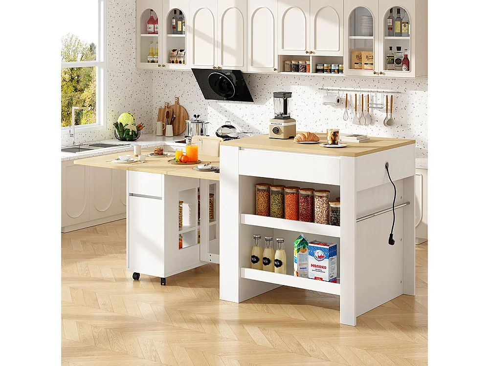 Table de bar extensible 110-124cm îlot cuisine 2 tiroirs 2 étagères prise courant plateau MDF blanc marbré