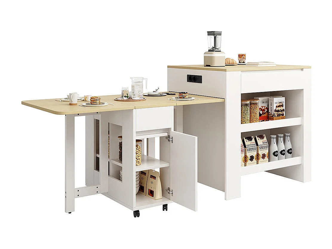 Table de bar extensible 110-124cm îlot cuisine 2 tiroirs 2 étagères prise courant plateau MDF blanc marbré