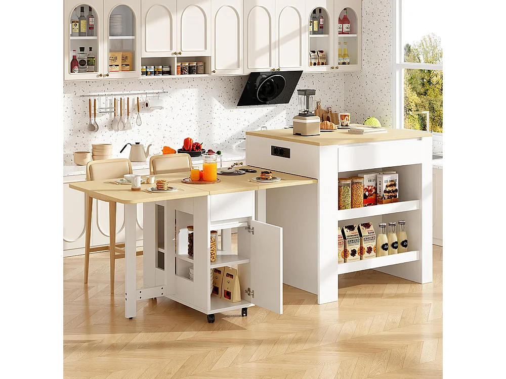 Table de bar extensible 110-124cm îlot cuisine 2 tiroirs 2 étagères prise courant plateau MDF blanc marbré