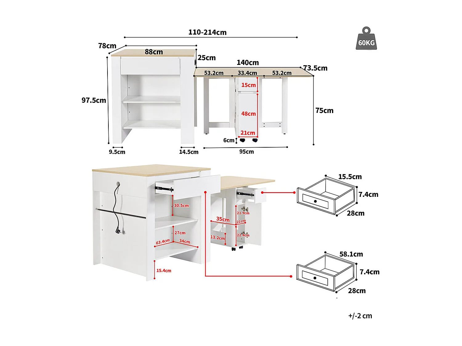 Table de bar extensible 110-124cm îlot cuisine 2 tiroirs 2 étagères prise courant plateau MDF blanc marbré