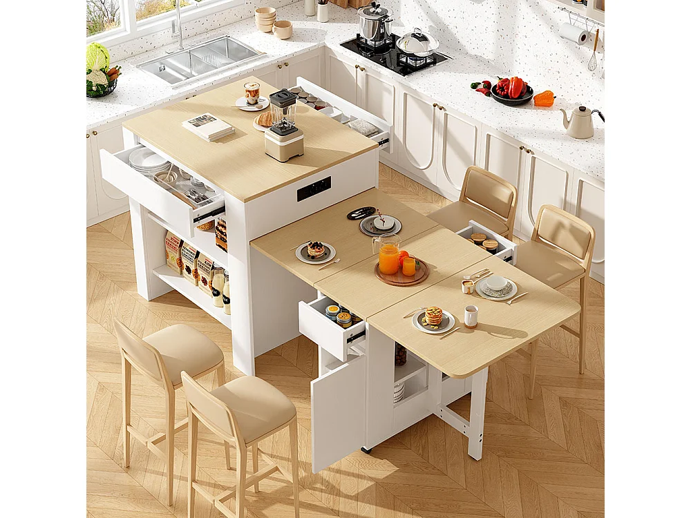Table de bar extensible 110-124cm îlot cuisine 2 tiroirs 2 étagères prise courant plateau MDF blanc marbré