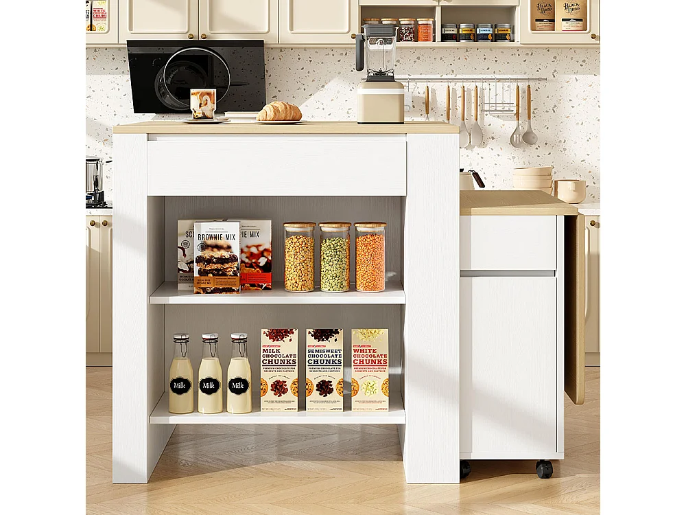 Table de bar extensible 110-124cm îlot cuisine 2 tiroirs 2 étagères prise courant plateau MDF blanc marbré