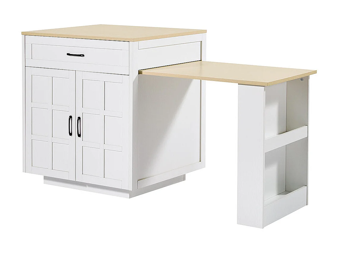 Table de bar extensible 133-202cm avec 2 tiroirs et 4 compartiments îlot cuisine pour 2-6 personnes blanc