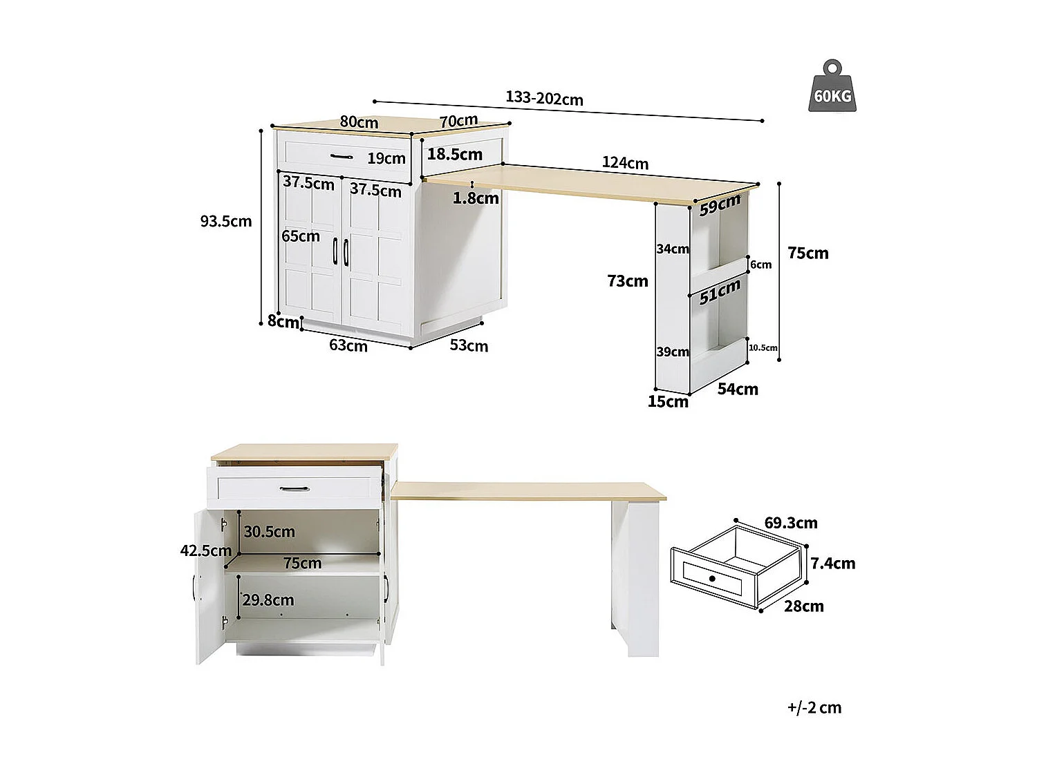 Table de bar extensible 133-202cm avec 2 tiroirs et 4 compartiments îlot cuisine pour 2-6 personnes blanc