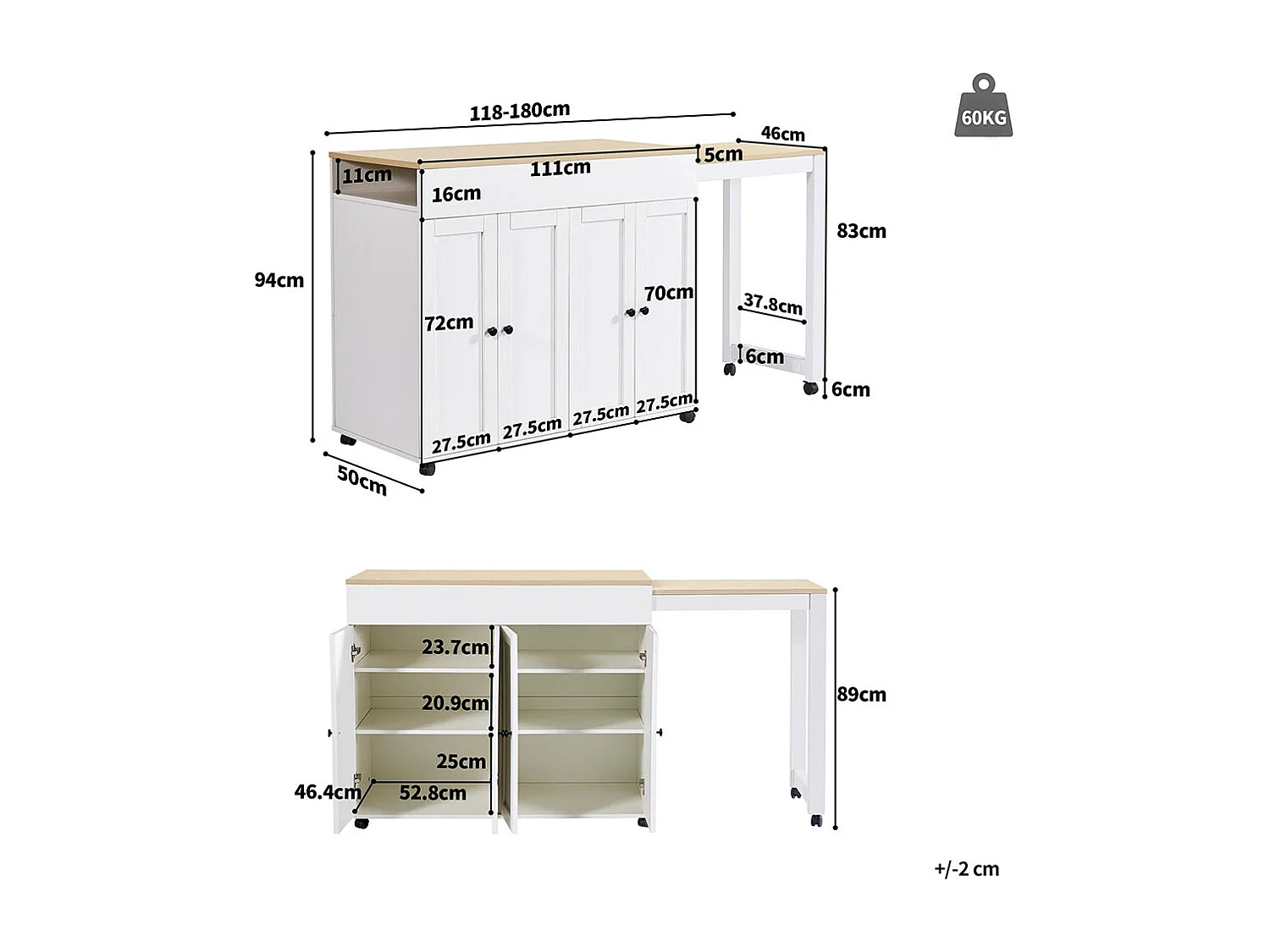 Table de bar moderne extensible 118-180cm avec 6 surfaces rangement table bistrot salle à manger séparation salon blanche