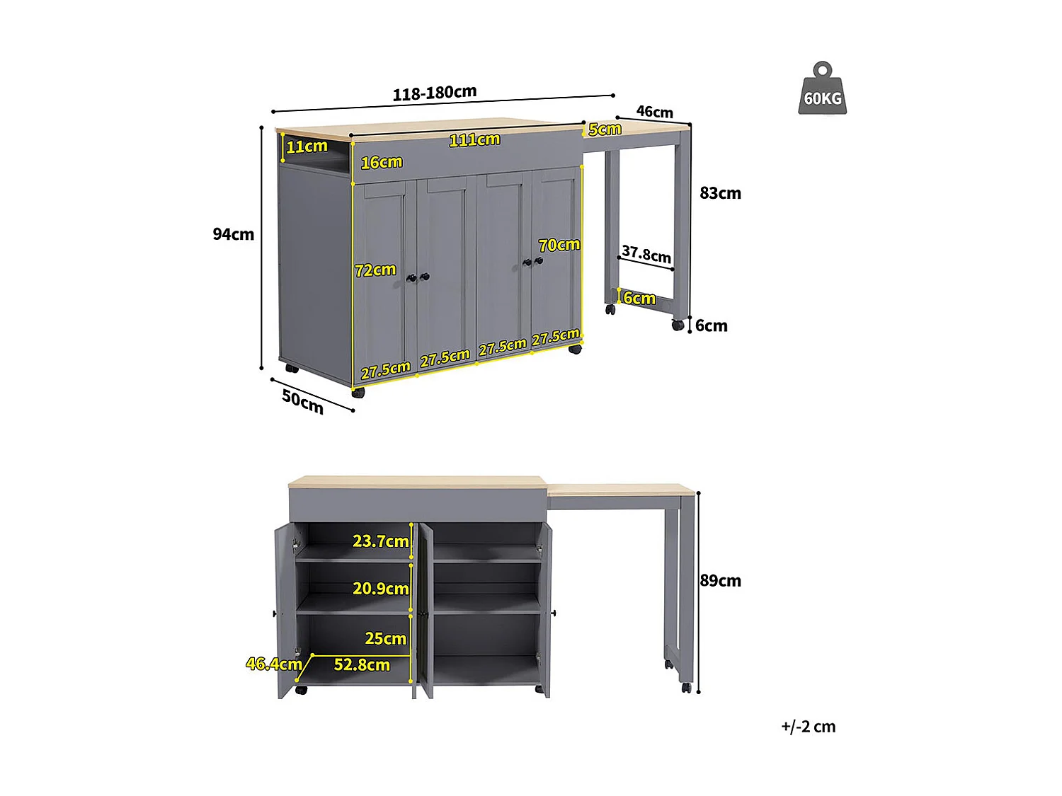 Table de bar extensible moderne 118-180cm 6 espaces rangement table bistrot salle à manger séparation salon gris