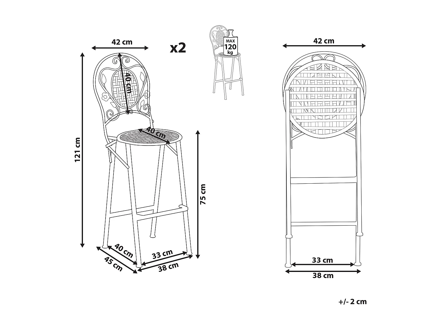 Lot de 2 chaises de bar de jardin BIVIO Pliant Métal Vert clair