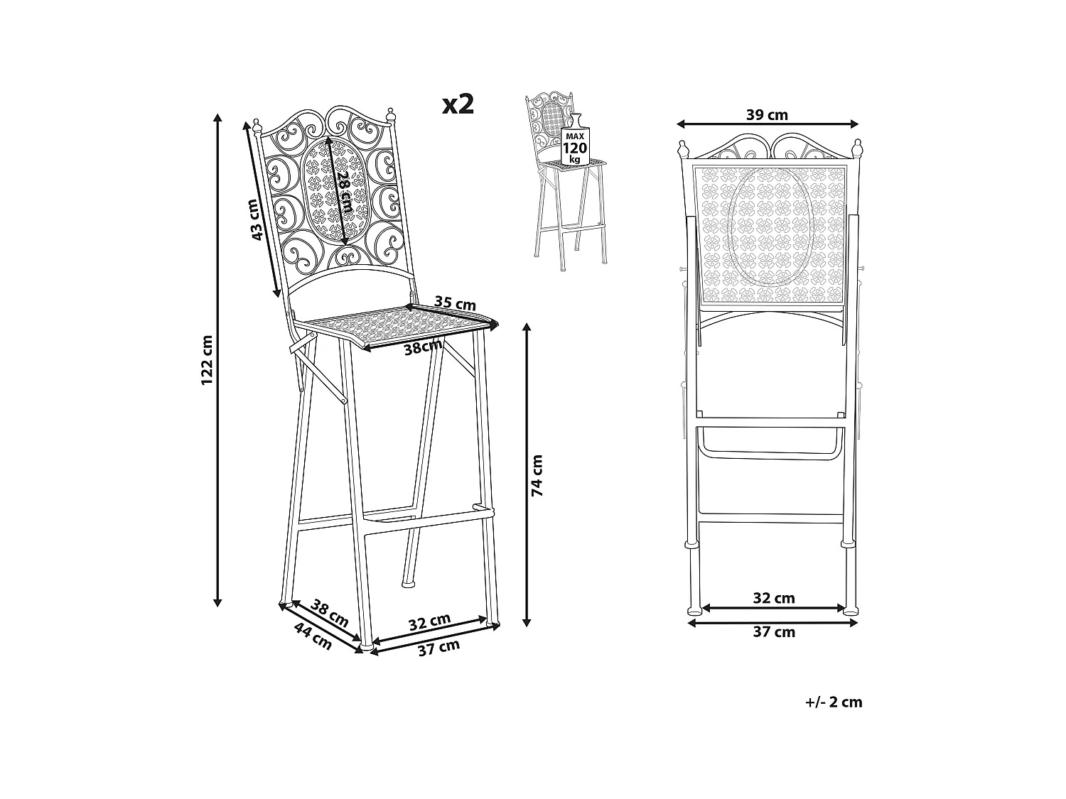 Lot de 2 chaises de bar de jardin BORMIO Pliant Métal Noir