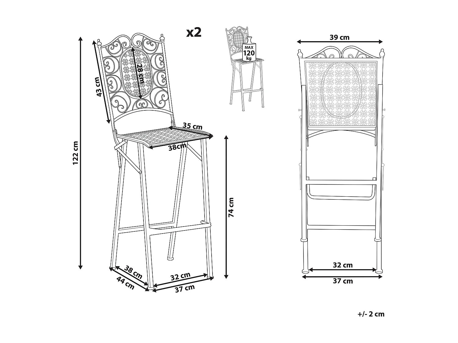 Lot de 2 chaises de bar de jardin BORMIO Pliant Métal Noir