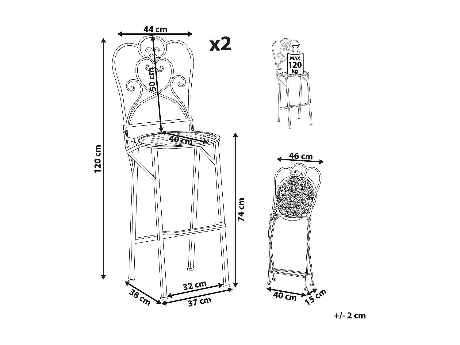 Lot de 2 chaises de bar de jardin TRIESTE Pliant Métal Beige clair