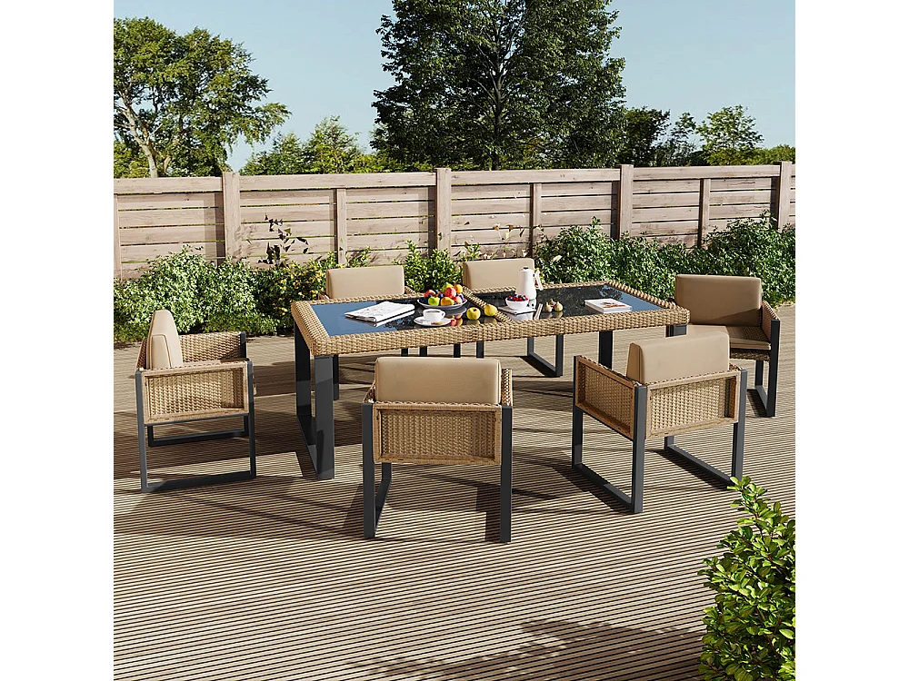Ensemble table chaise de jardin pour 6 personnes avec housses amovibles lavables Marron