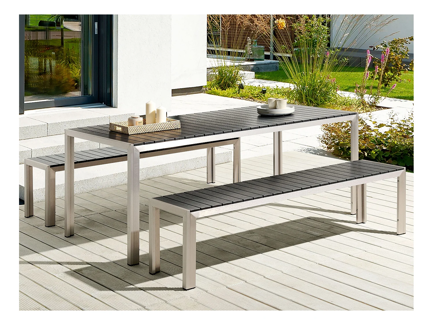 Salle à manger de jardin avec bancs 6 places NARDO Noir/argenté