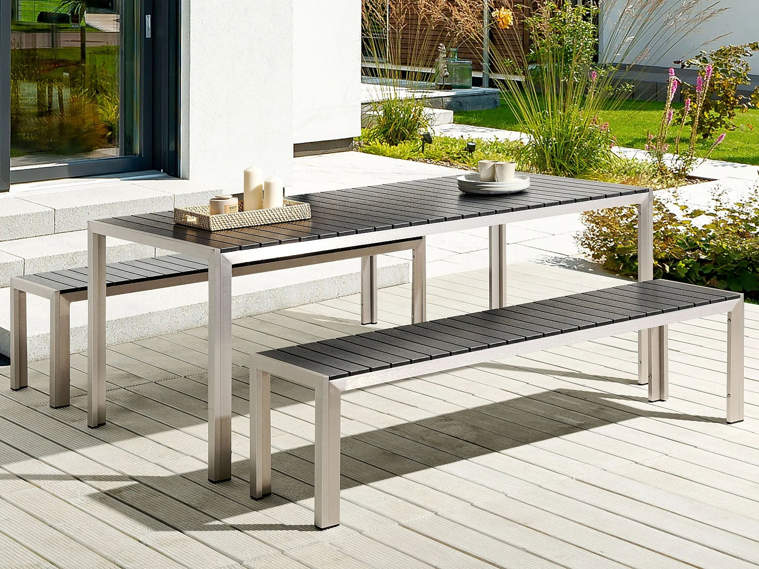 Salle à manger de jardin avec bancs 6 places NARDO Noir/argenté