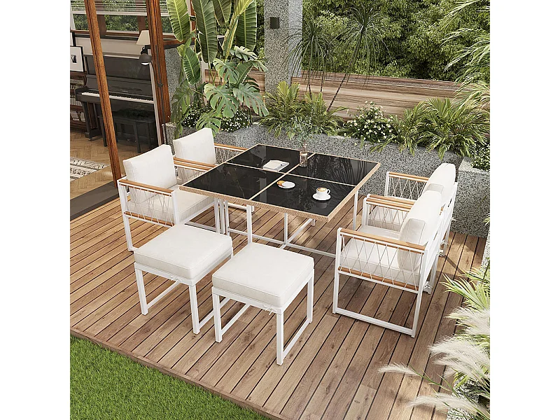 Ensemble 7 pièces extérieur 6 personnes table verre+rotin PE main courante acacia blanc