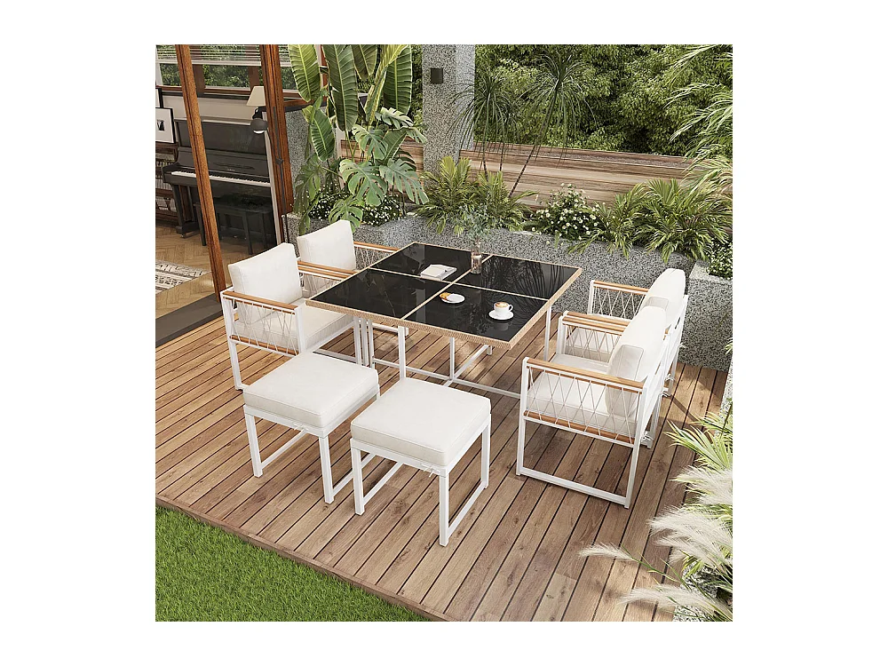 Ensemble 7 pièces extérieur 6 personnes table verre+rotin PE main courante acacia blanc