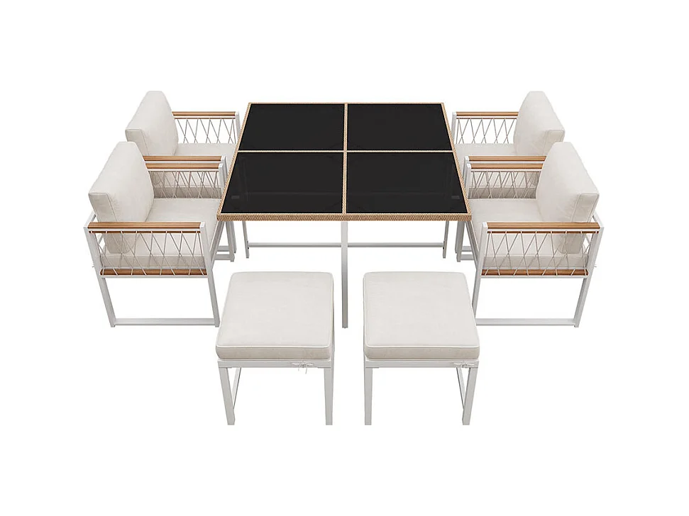 Ensemble 7 pièces extérieur 6 personnes table verre+rotin PE main courante acacia blanc